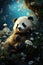 Funny panda in flowers. Created with Generative AI
