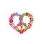 Funny paper cutting colorful hippie peace symbol in heart shape with flower-power, fly agaric, paisley, butterflies and  rainbow f
