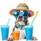 Funny party dog wearing colorful summer hat and stylish sunglasses stands near table with cocktail glasses with delicious ice