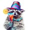Funny party raccoon wearing colorful summer hat and holding cocktail glass with tasty drink, isolated over white background. Card