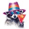 Funny party raccoon wearing colorful summer hat and stylish sunglasses holding cocktail glass with delicious drink, isolated over