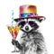 Funny party raccoon wearing colorful summer hat and stylish sunglasses holding cocktail glass with delicious drink, isolated over