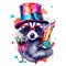 Funny party raccoon wearing colorful summer hat and stylish sunglasses holding cocktail glass with delicious drink, isolated over