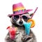 Funny party raccoon wearing colorful summer hat and stylish sunglasses holding cocktail glass with delicious drink, isolated over