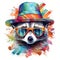 Funny party raccoon wearing colorful summer hat and stylish sunglasses isolated over white background. Colorful joyful greeting
