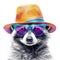 Funny party raccoon wearing colorful summer hat and stylish sunglasses isolated over white background. Colorful joyful greeting