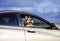 Funny passenger puppy dog red Corgi in the sunscreen glasses quite sticks out his face and paws from the car window during a