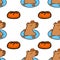 Funny pattern with capybaras. Repetitive design element. Relaxing capybara in water with tangerines. Vector illustration