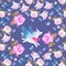 Funny pegasus and flying unicorns - butterflies among rose flowers on dark blue background. Seamless pattern