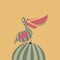Funny pelican and slice of watermelon. Children`s book illustration. Bird and fruit vector.
