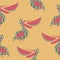 Funny pelican and slice of watermelon. Children`s book illustration. Seamless pattern.
