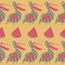 Funny pelican and slice of watermelon. Children`s illustration. Bird seamless pattern.