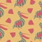 Funny pelican and slice of watermelon. Vector illustration. Seamless pattern.