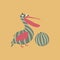 Funny pelican and watermelon.  Children`s book illustration. Bird vector.