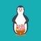 Funny penguin, Antarctic bird, with cart, filled easter eggs, flowers.