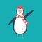 Funny penguin, Antarctic bird, in hat, scarf, on skates.