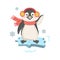 Funny penguin with earmuffs on an ice floe waving. Cute pet.