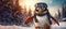 Funny penguin wearing red winter knitted hat skiing in mountains. Christmas penguin banner.
