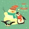 Funny penguins with snowman celebrating Christmas