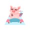 Funny pig drinking a cocktail while lying on the beach, cute piglet cartoon character on summer vacation vector