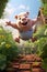 Funny pig leaping and jumping in air in the garden