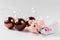 Funny pig and mouse or rat on the background of Christmas tree toys. Symbols of 2019 and 2020