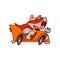 Funny pig superhero fast riding car, rushing to rescue. Animal in red mask and mantle. Cartoon vector illustration