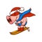 Funny pig superhero riding on skis. Humanized animal in hat, scarf, red mask and cape. Cartoon vector illustration