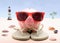 Funny Piggy bank with sunglasses, holiday background