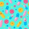 Funny pills seamless pattern. Red yellow cute smiling medicines pink blue antibiotic capsules.