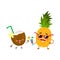 Funny pineapple and coconut characters drinking cocktails, having fun