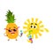 Funny pineapple and sun characters talking, drinking cocktails, having discussion