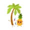 Funny pineapple and tropic palm characters holding cocktail glasses