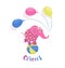 Funny pink circus elephant with balloons balances on a ball.