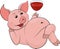 Funny pink drinking lying down, red juice or wine in a glass goblet