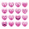 Funny pink heart emoji icons set.