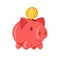Funny pink piggy bank with falling golden coin icon isometric vector banking budget savings earnings