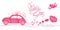 Funny pink wedding card with retro car dragging cans, angel and