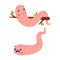 Funny Pink Worm Character with Long Tube Body Hanging on Tree Branch and with Angry Face Vector Set