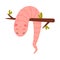 Funny Pink Worm Character with Long Tube Body Hanging on Tree Branch Vector Illustration