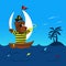 Funny pirate bear on his boat sailing the sea reaching the land for adventure with some colorful jumping fish