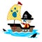 Funny pirate cartoon on sailboat with sharks