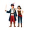 Funny pirate couple at costume party vector flat illustration. Smiling man and woman sea corsairs isolated on white
