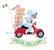 Funny pizza chef on scooter. Pizza delivery logo