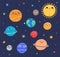 Funny planets of Solar system and Sun with smiling faces. Adorable celestial bodies in outer space. Cute astronomical