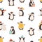 Funny polar penguin having fun seamless pattern. Cute arctic bird skating, sledding, dancing, hold gift and lollipop