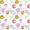 Funny polka dot and gardening flowers on white background. Beautiful seamless pattern.