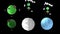 Funny polygonal models of different planets and floating islands in cartoon style over black background.