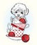 A funny poodle with vintage cups and Christmas balls. New Year`s and Christmas. Vector illustration.