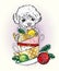 A funny poodle with vintage cups and Christmas balls. New Year`s and Christmas. Vector illustration.